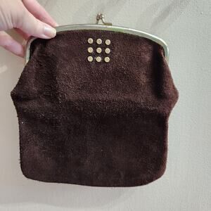 Rolfs 1967 Memory Jogger Vintage Brown Suede Leather Clutch Kisslock Bag